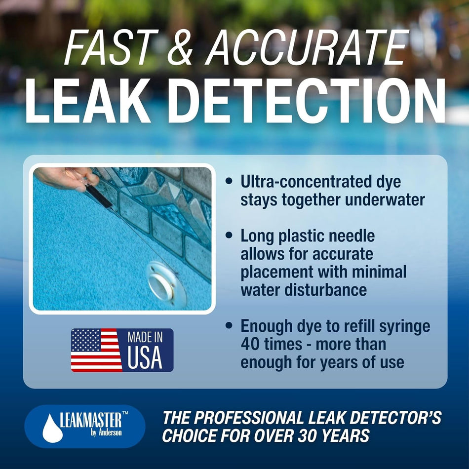 Pool Leak Detection Kit – Leakmaster Blue Dye (8 oz) with Reusable Syringe for Pools, Spas & Hot Tubs