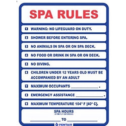 Pentair R230300 Rainbow Sign Spa Rules 18X24 Two Color