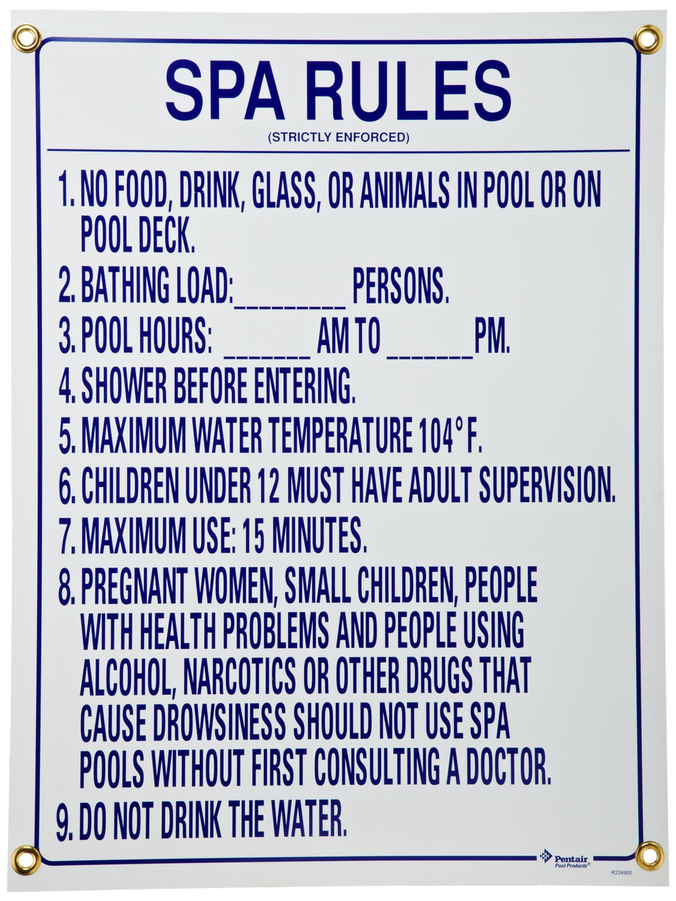 Pentair R234900 Florida Spa Rules Spa Sign